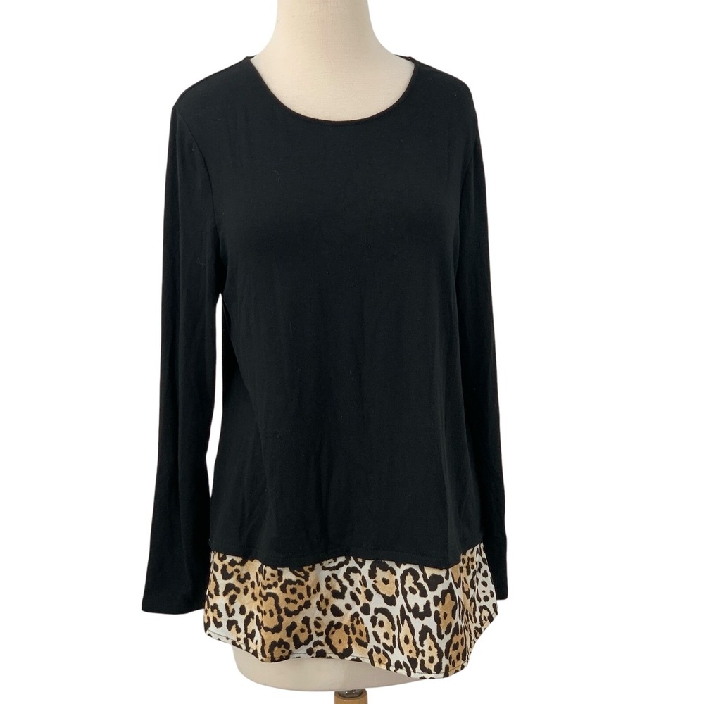 Chico's Women's Long Sleeve Leopard Trim Soft Black Knit Tunic Top‎ Size 1/Med